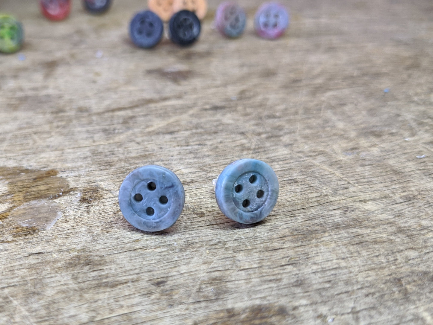 Recycled Plastic Button Stud Earrings – Unique Marbled Colors