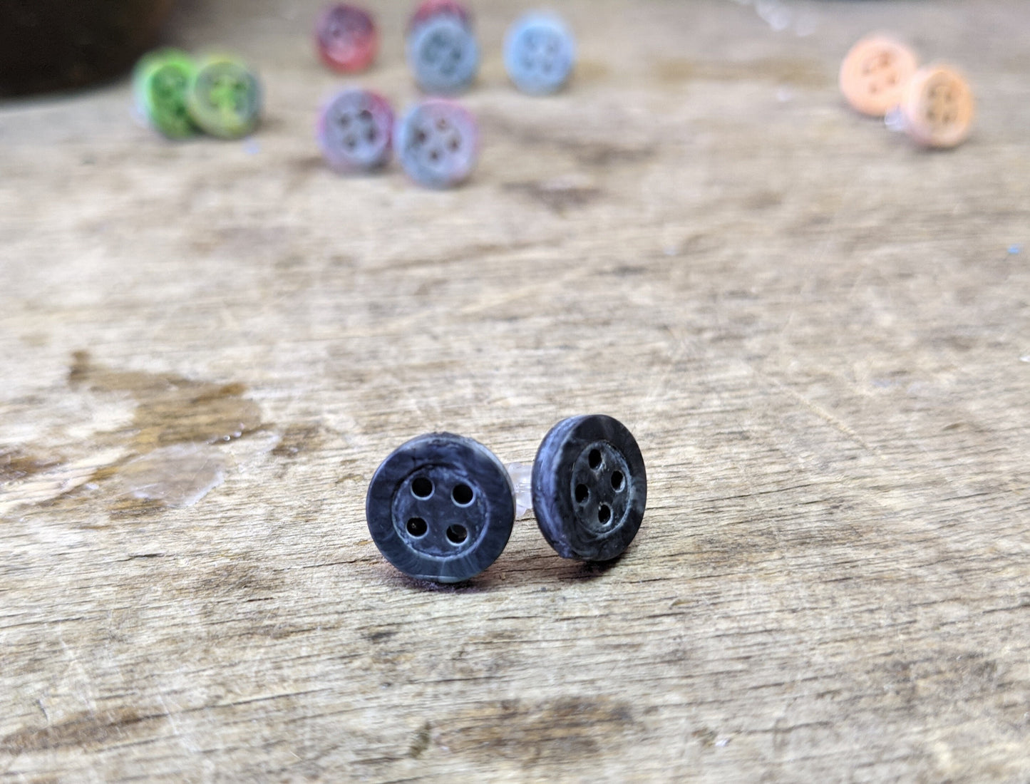 Recycled Plastic Button Stud Earrings – Unique Marbled Colors