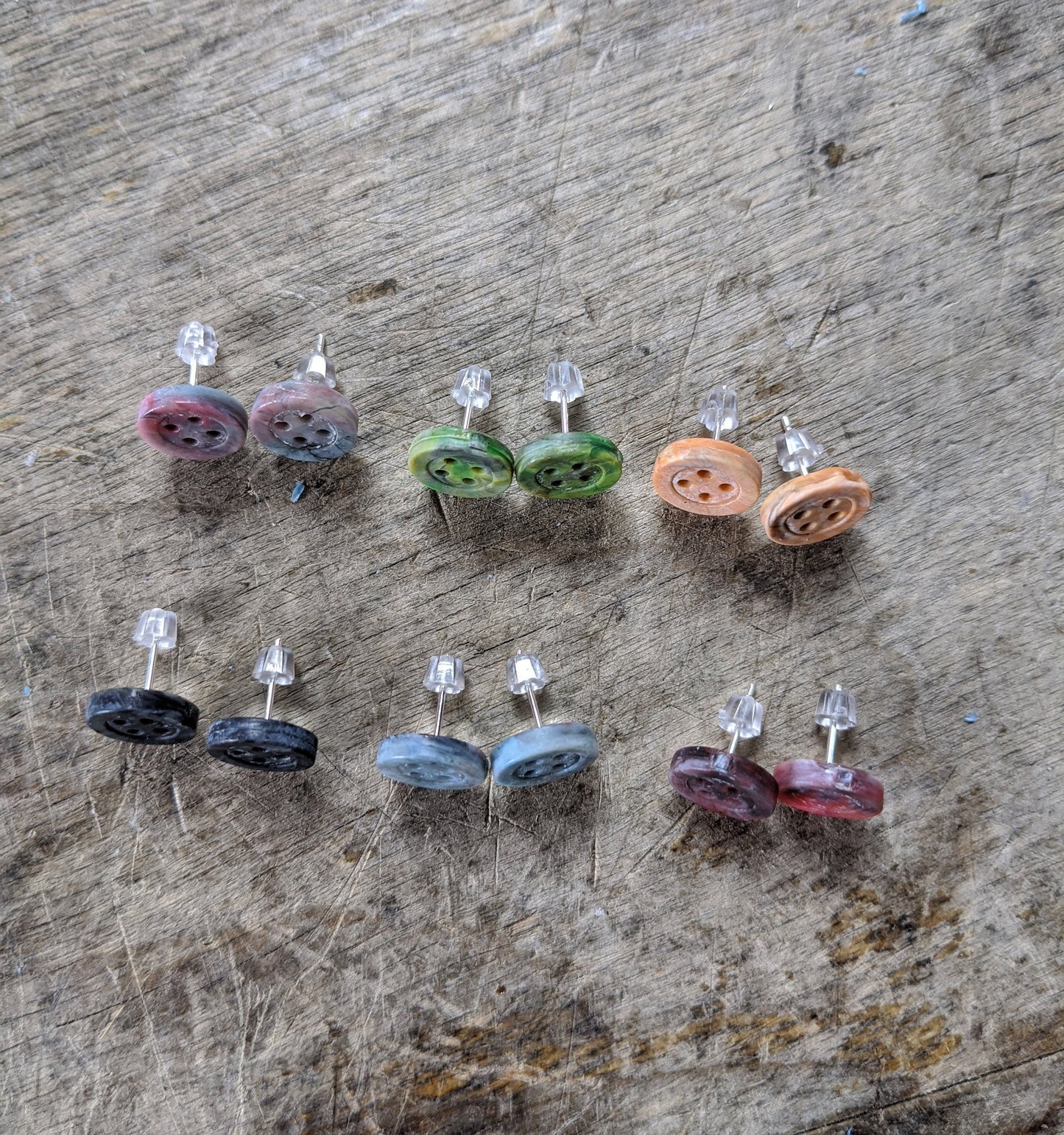 Recycled Plastic Button Stud Earrings – Unique Marbled Colors